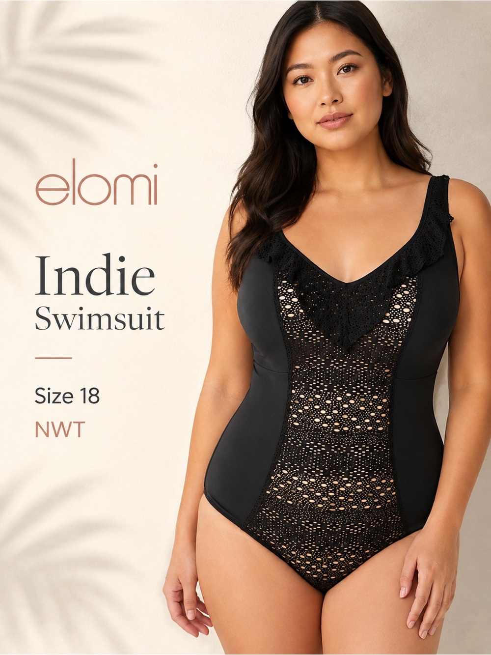 Elomi Indie Black Crochet Moulded One Piece Swimsuit Plus Size 18 NWT